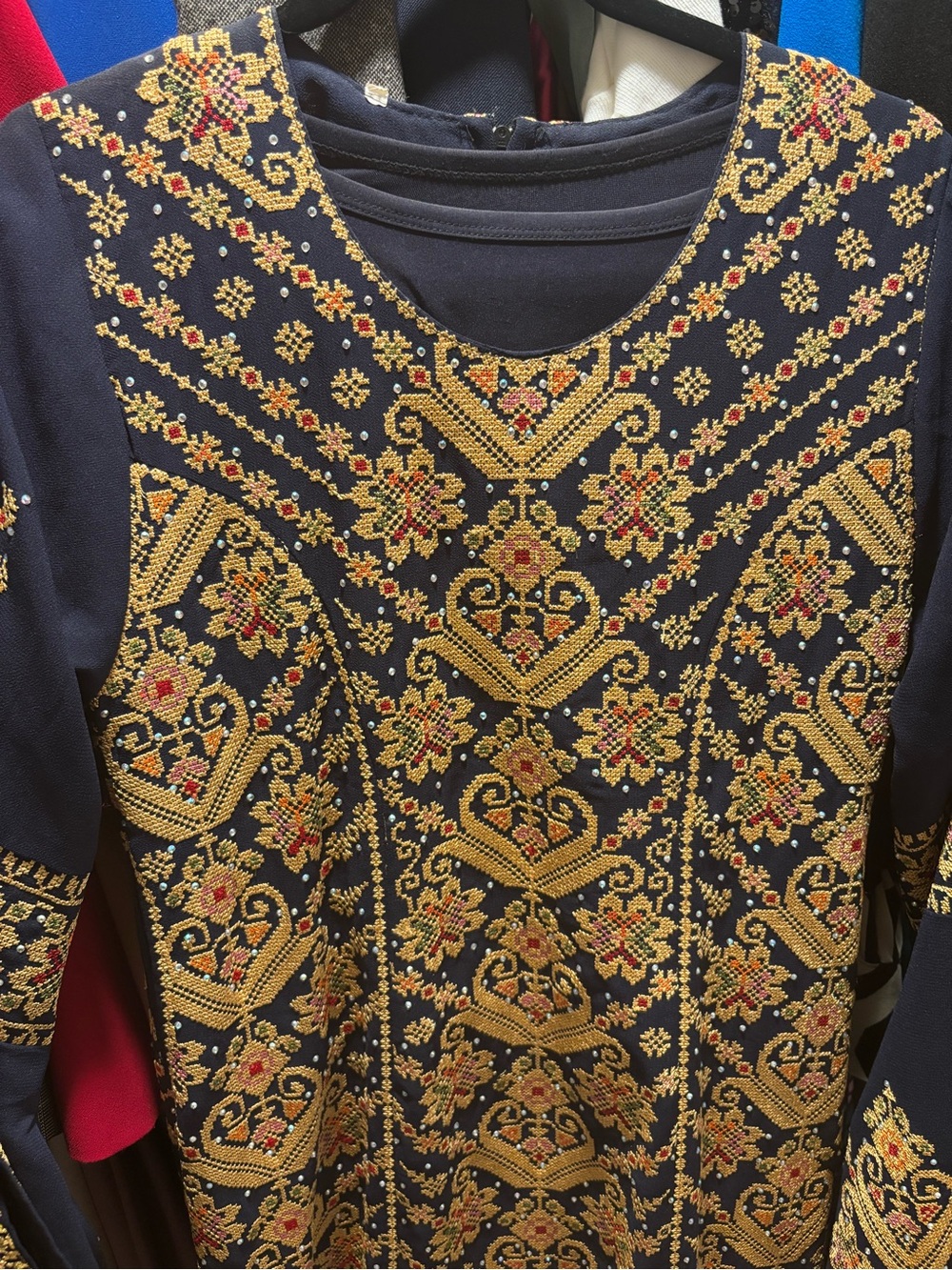 Navy Sweater with Gold Embroidered Pattern